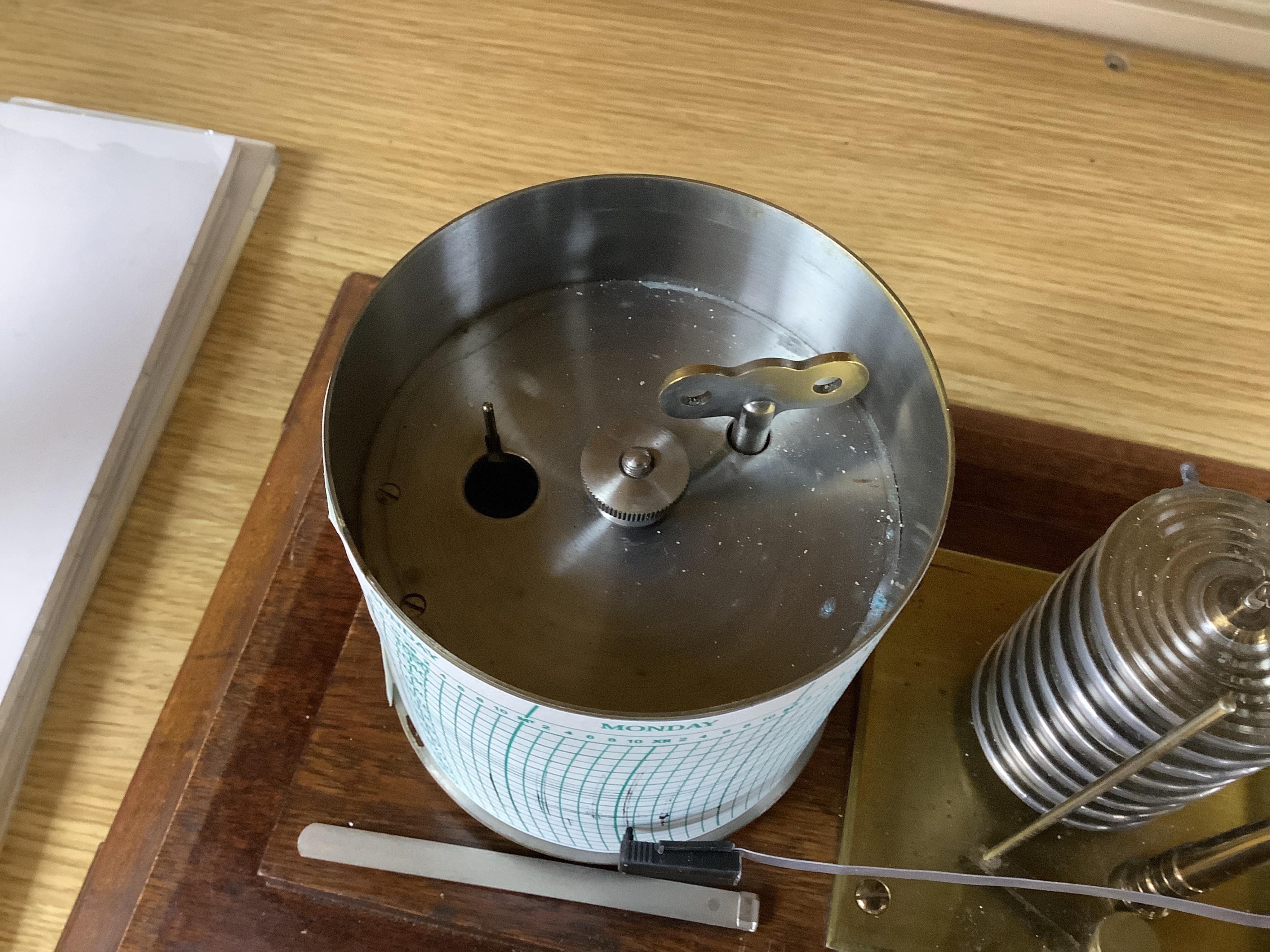 An early 20th century mahogany cased barograph by an unknown maker, with a quantity of unused papers.